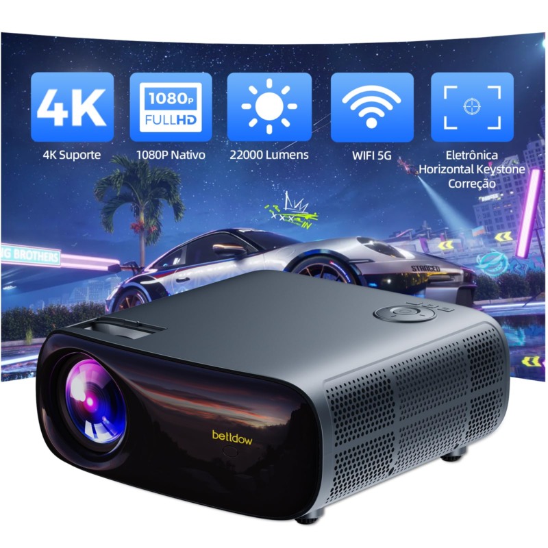 Bettdow Projetor 4k 22000 Lumens Full Hd 1080p Compatível Com Android 9, Smart Projetores Retroprojetor Portatil 650 ANSI WiFi 2.4G+5G BT 5.1, Eletronico Correção Trapezoidal, Foco manual