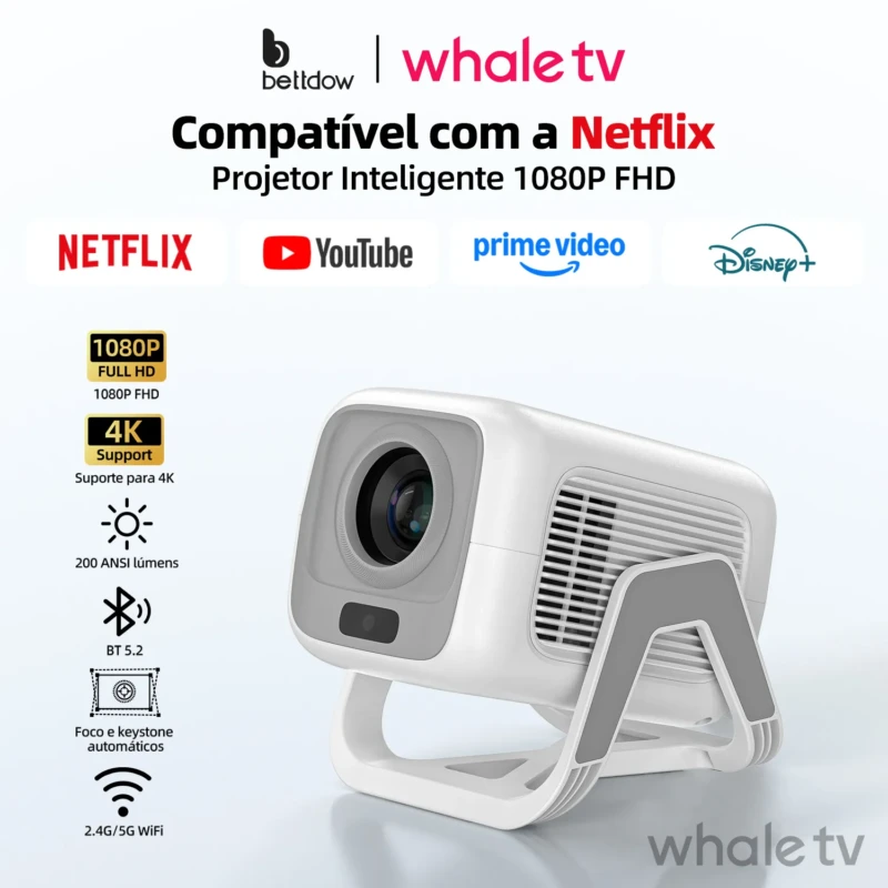 Bettdow Projetor Portátil 4K – Android 13, Netflix Licenciado, WiFi 6 e Foco Automático
